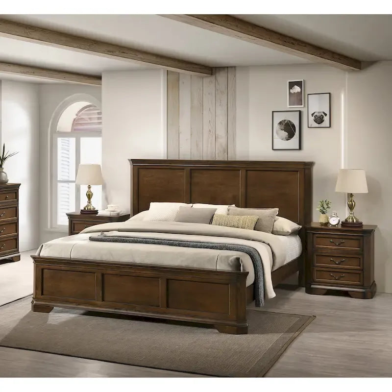 Ensemble de 3 meubles de chambre en bois massif : lit plateforme et deux tables de chevet, finition noyer antique