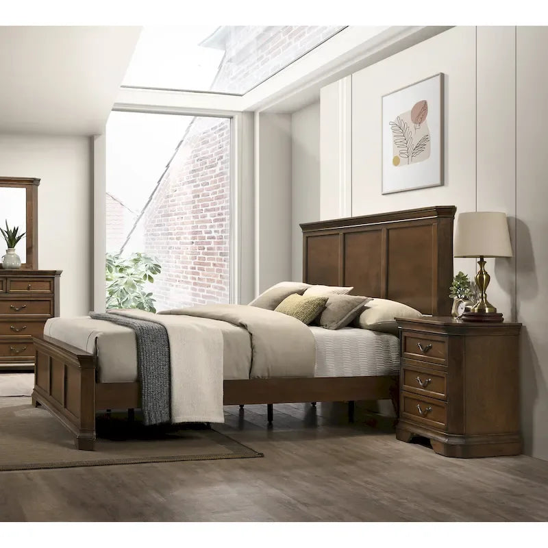 Ensemble de 3 meubles de chambre en bois massif : lit plateforme et deux tables de chevet, finition noyer antique