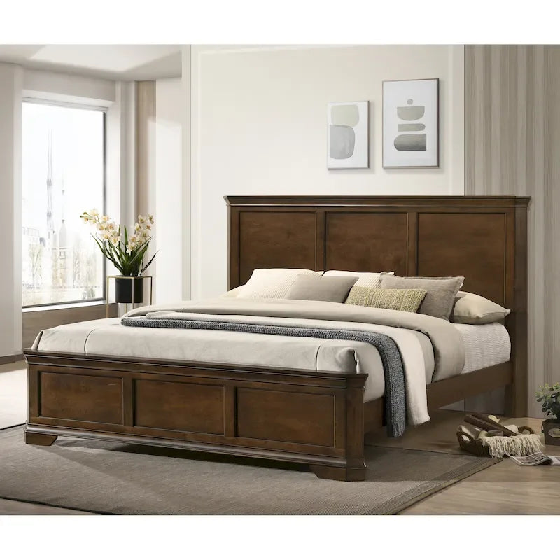 Ensemble de 3 meubles de chambre en bois massif : lit plateforme et deux tables de chevet, finition noyer antique