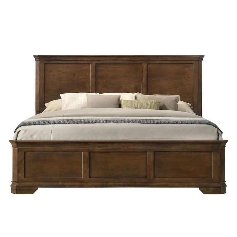 Ensemble de 3 meubles de chambre en bois massif : lit plateforme et deux tables de chevet, finition noyer antique