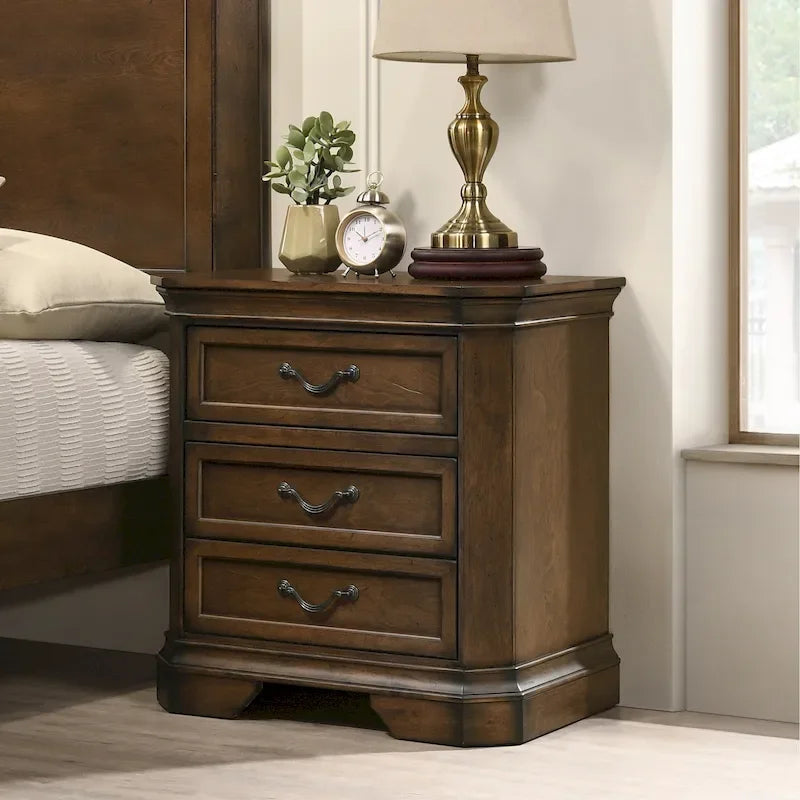 Ensemble de 3 meubles de chambre en bois massif : lit plateforme et deux tables de chevet, finition noyer antique