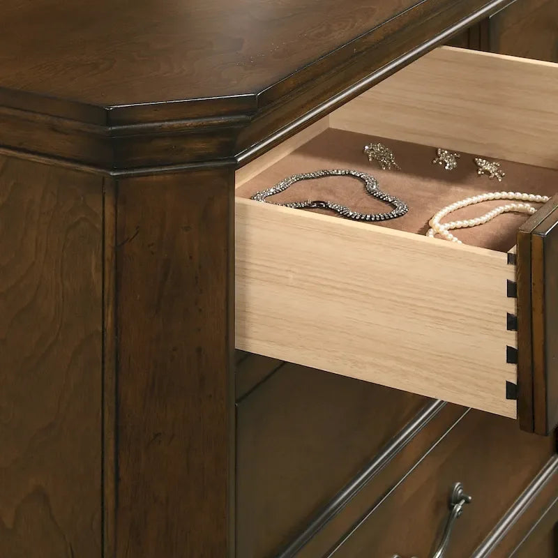 Ensemble de 3 meubles de chambre en bois massif : lit plateforme et deux tables de chevet, finition noyer antique