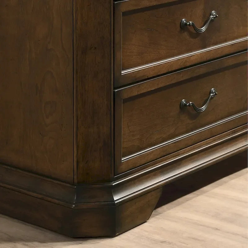 Ensemble de 3 meubles de chambre en bois massif : lit plateforme et deux tables de chevet, finition noyer antique