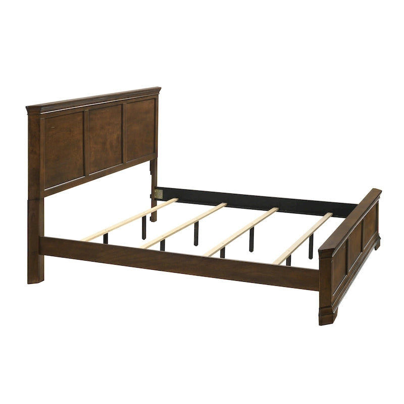 Ensemble de 3 meubles de chambre en bois massif : lit plateforme et deux tables de chevet, finition noyer antique