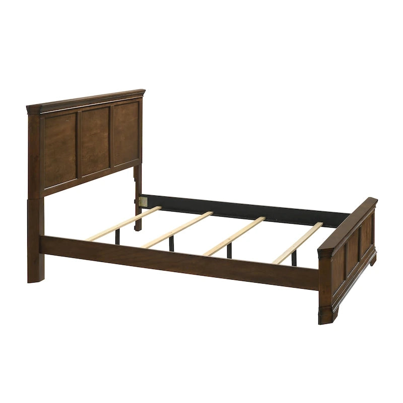 Ensemble de 3 meubles de chambre en bois massif : lit plateforme et deux tables de chevet, finition noyer antique