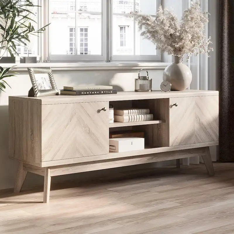 Meuble TV à chevrons de style nordique du milieu du siècle (pieds en bois ; convient aux téléviseurs jusqu'à 65 pouces)