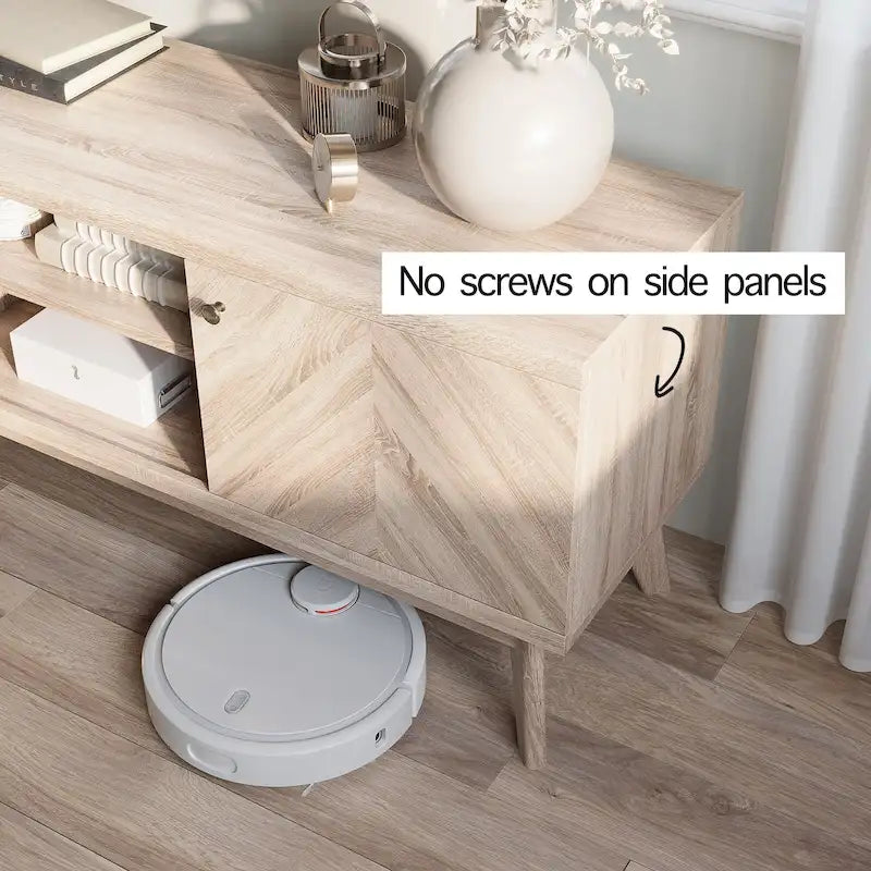 Meuble TV à chevrons de style nordique du milieu du siècle (pieds en bois ; convient aux téléviseurs jusqu'à 65 pouces)