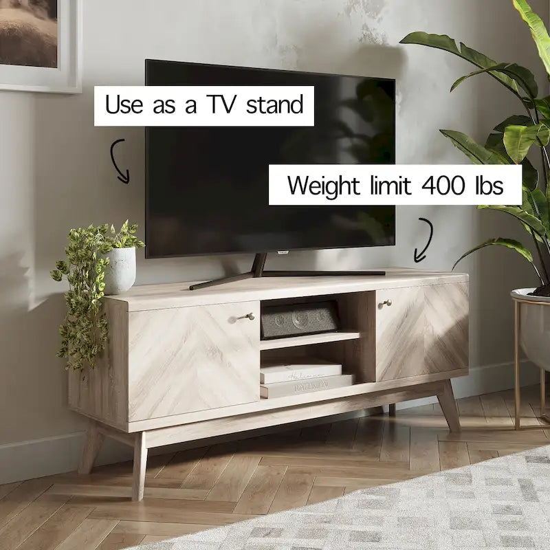 Meuble TV à chevrons de style nordique du milieu du siècle (pieds en bois ; convient aux téléviseurs jusqu'à 65 pouces)