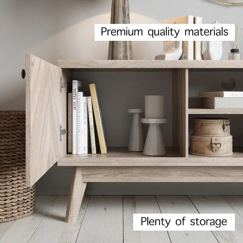 Meuble TV à chevrons de style nordique du milieu du siècle (pieds en bois ; convient aux téléviseurs jusqu'à 65 pouces)