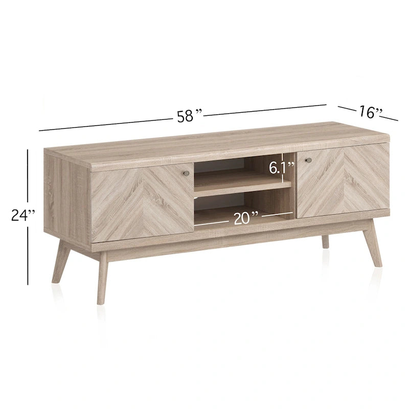 Meuble TV à chevrons de style nordique du milieu du siècle (pieds en bois ; convient aux téléviseurs jusqu'à 65 pouces)