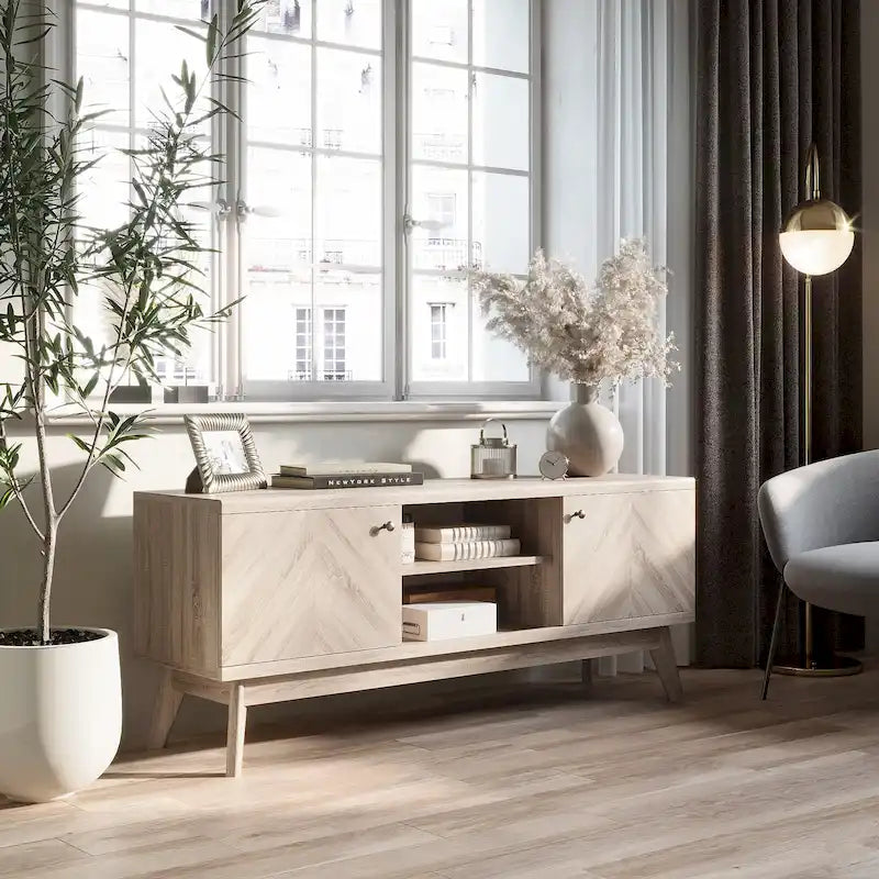 Meuble TV à chevrons de style nordique du milieu du siècle (pieds en bois ; convient aux téléviseurs jusqu'à 65 pouces)