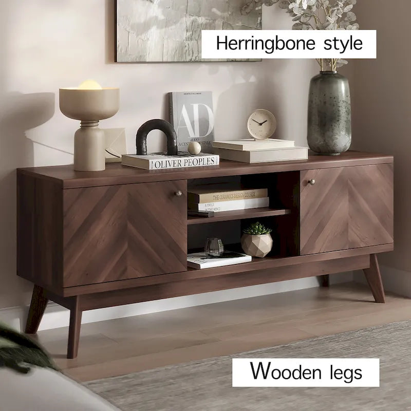 Meuble TV à chevrons de style nordique du milieu du siècle (pieds en bois ; convient aux téléviseurs jusqu'à 65 pouces)