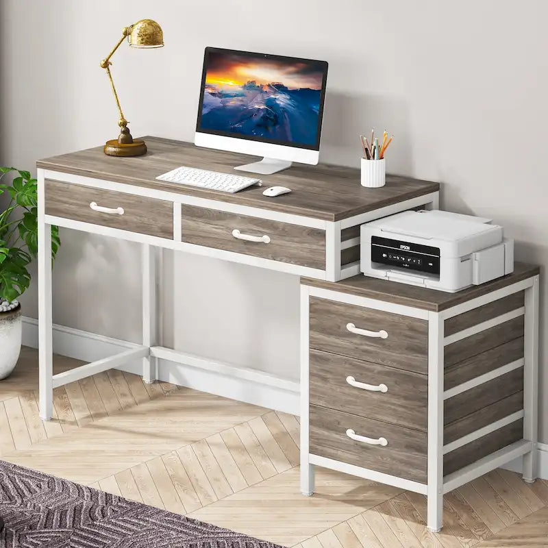 Bureau réversible avec 5 tiroirs, Bureau d'ordinateur de maison avec tiroir classeur et support d'imprimante