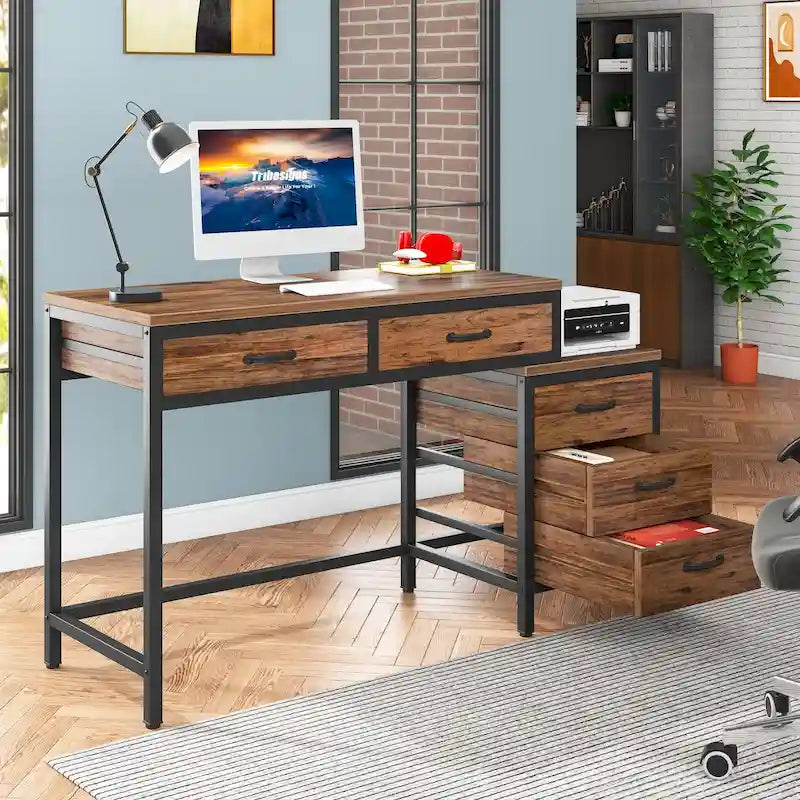 Bureau réversible avec 5 tiroirs, Bureau d'ordinateur de maison avec tiroir classeur et support d'imprimante