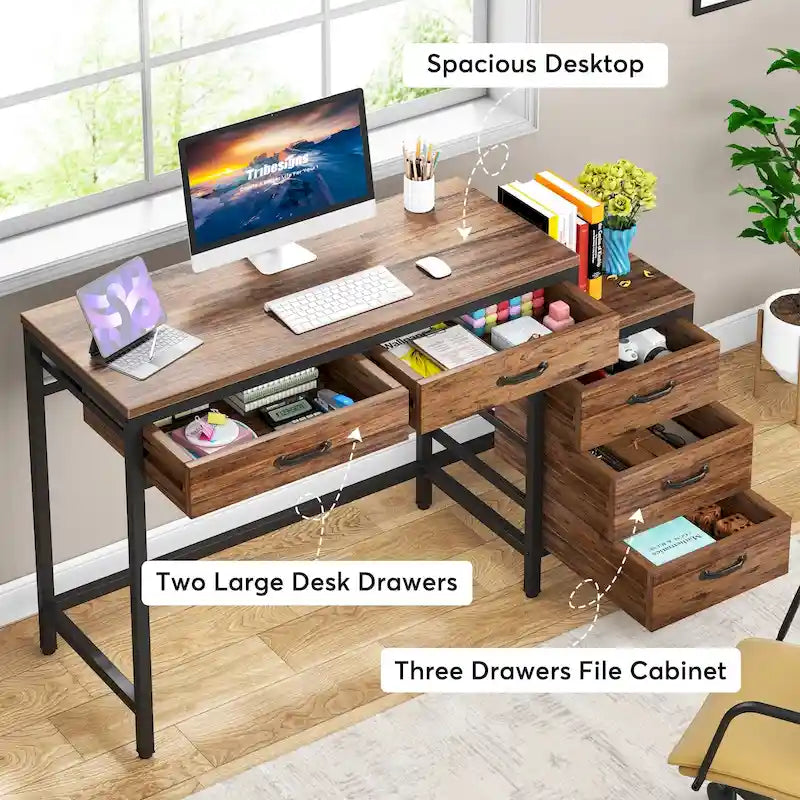 Bureau réversible avec 5 tiroirs, Bureau d'ordinateur de maison avec tiroir classeur et support d'imprimante
