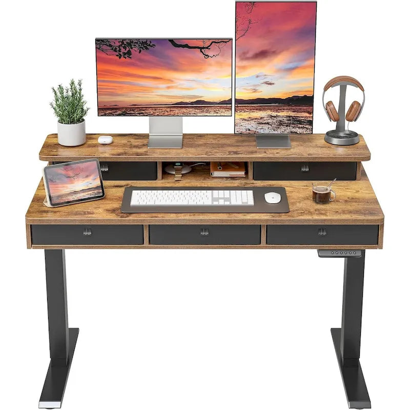 Bureau debout électrique réglable en hauteur avec 5 tiroirs, table avec étagère de rangement, bureau assis-debout