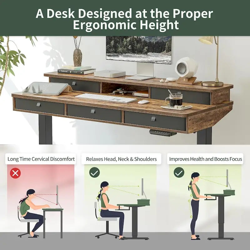 Bureau debout électrique réglable en hauteur avec 5 tiroirs, table avec étagère de rangement, bureau assis-debout