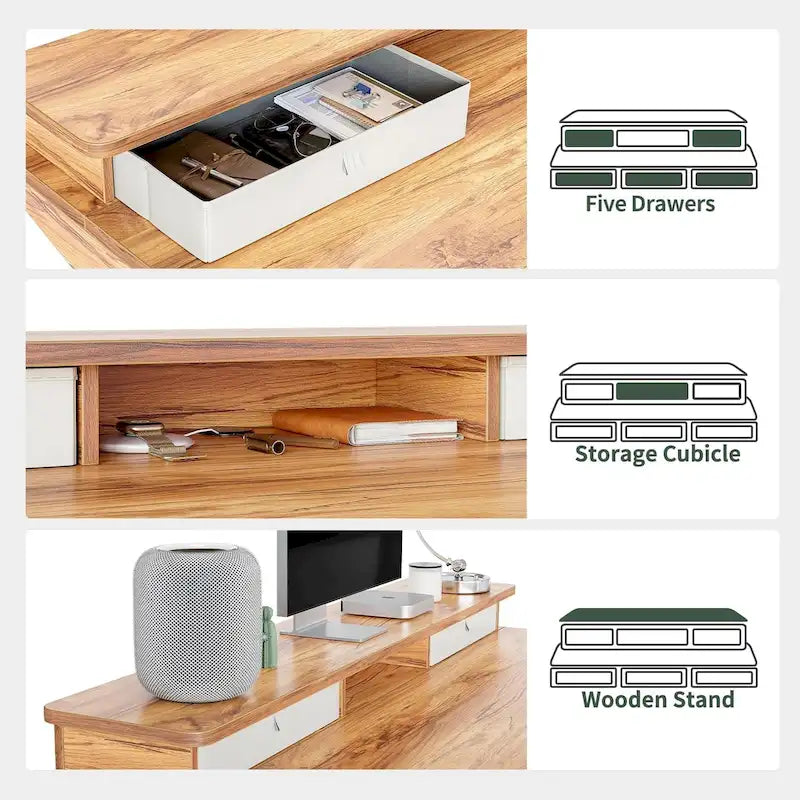 Bureau debout électrique réglable en hauteur avec 5 tiroirs, table avec étagère de rangement, bureau assis-debout