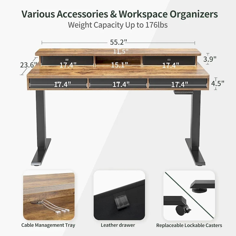 Bureau debout électrique réglable en hauteur avec 5 tiroirs, table avec étagère de rangement, bureau assis-debout