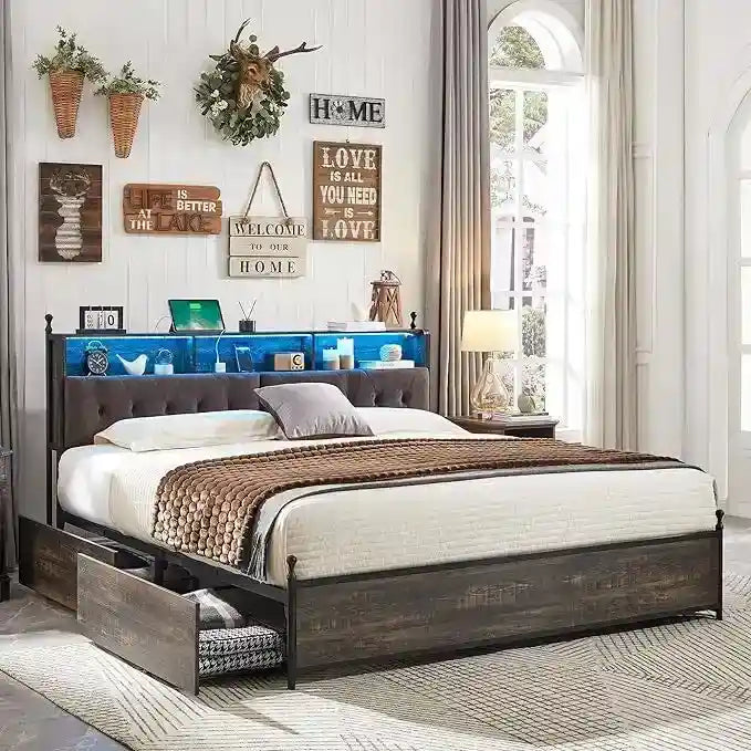Cadre de lit King Size avec lumières LED, station de charge et 4 tiroirs