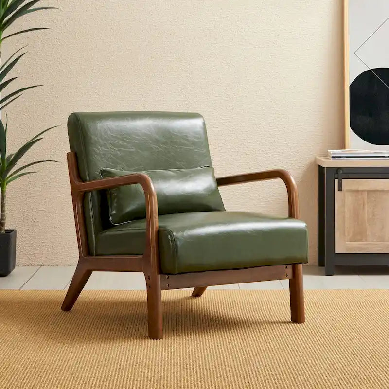 Fauteuil en cuir synthétique de style moderne du milieu du siècle, hauteur 78 cm (coussin décoratif inclus) — 65,4 cm (L) x 85,7 cm (P) x 78 cm (H)