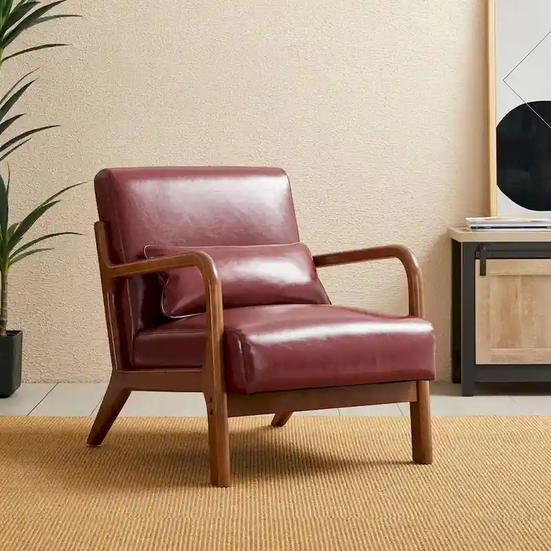 Fauteuil en cuir synthétique de style moderne du milieu du siècle, hauteur 78 cm (coussin décoratif inclus) — 65,4 cm (L) x 85,7 cm (P) x 78 cm (H)