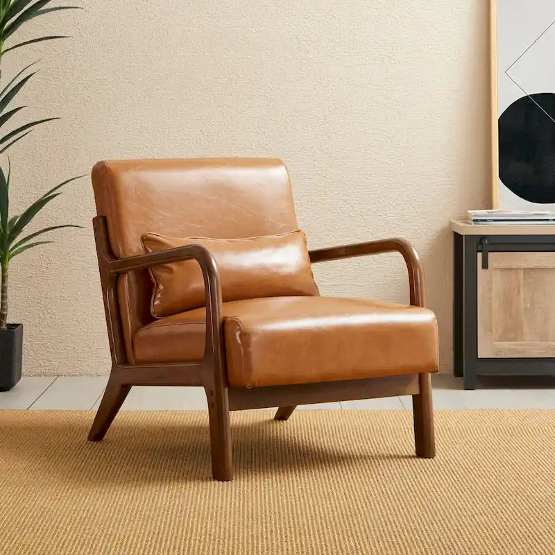 Fauteuil en cuir synthétique de style moderne du milieu du siècle, hauteur 78 cm (coussin décoratif inclus) — 65,4 cm (L) x 85,7 cm (P) x 78 cm (H)