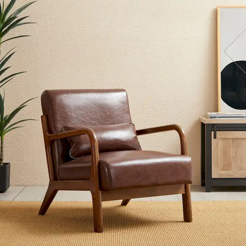 Fauteuil en cuir synthétique de style moderne du milieu du siècle, hauteur 78 cm (coussin décoratif inclus) — 65,4 cm (L) x 85,7 cm (P) x 78 cm (H)