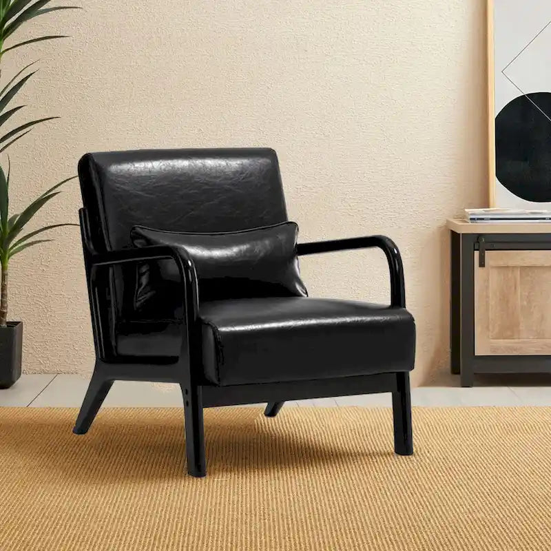 Fauteuil en cuir synthétique de style moderne du milieu du siècle, hauteur 78 cm (coussin décoratif inclus) — 65,4 cm (L) x 85,7 cm (P) x 78 cm (H)