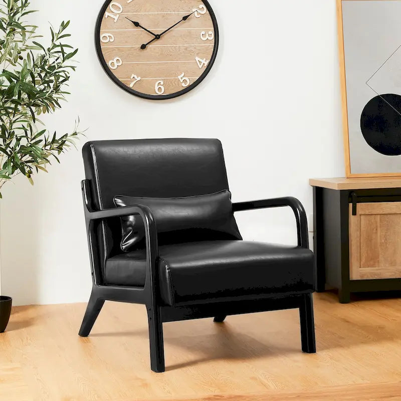 Fauteuil en cuir synthétique de style moderne du milieu du siècle, hauteur 78 cm (coussin décoratif inclus) — 65,4 cm (L) x 85,7 cm (P) x 78 cm (H)