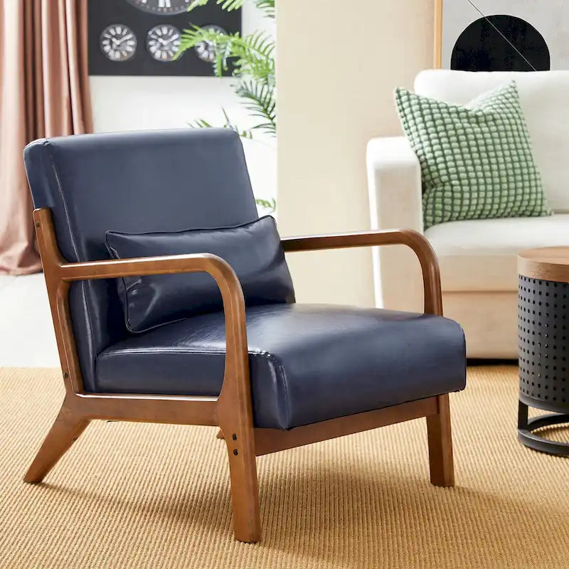 Fauteuil en cuir synthétique de style moderne du milieu du siècle, hauteur 78 cm (coussin décoratif inclus) — 65,4 cm (L) x 85,7 cm (P) x 78 cm (H)