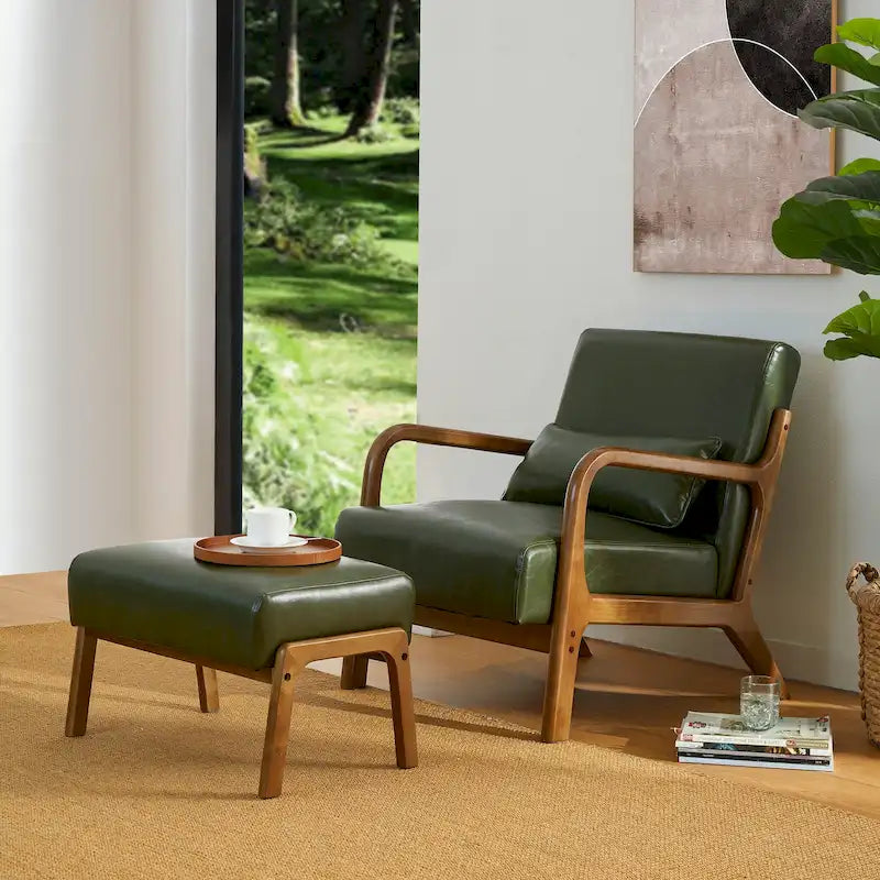 Fauteuil en cuir synthétique de style moderne du milieu du siècle, hauteur 78 cm (coussin décoratif inclus) — 65,4 cm (L) x 85,7 cm (P) x 78 cm (H)