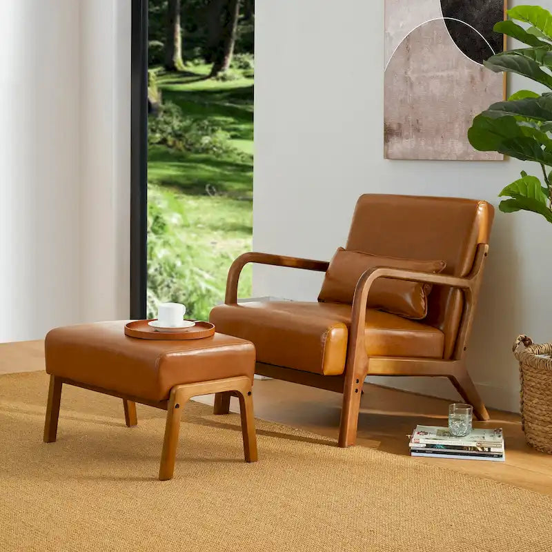 Fauteuil en cuir synthétique de style moderne du milieu du siècle, hauteur 78 cm (coussin décoratif inclus) — 65,4 cm (L) x 85,7 cm (P) x 78 cm (H)