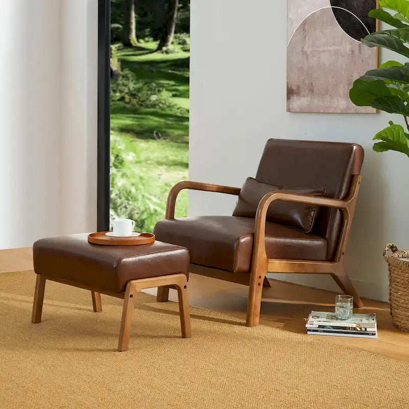 Fauteuil en cuir synthétique de style moderne du milieu du siècle, hauteur 78 cm (coussin décoratif inclus) — 65,4 cm (L) x 85,7 cm (P) x 78 cm (H)