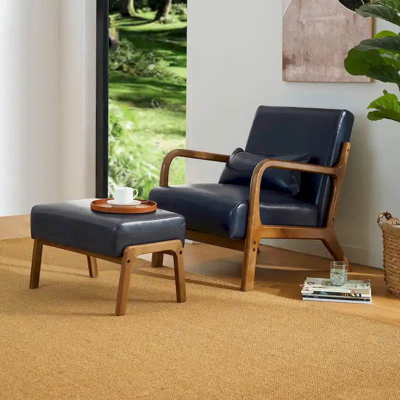Fauteuil en cuir synthétique de style moderne du milieu du siècle, hauteur 78 cm (coussin décoratif inclus) — 65,4 cm (L) x 85,7 cm (P) x 78 cm (H)