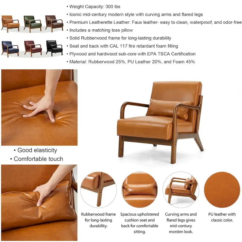 Fauteuil en cuir synthétique de style moderne du milieu du siècle, hauteur 78 cm (coussin décoratif inclus) — 65,4 cm (L) x 85,7 cm (P) x 78 cm (H)