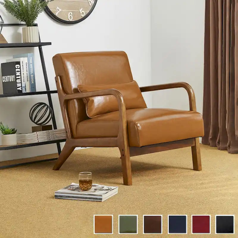 Fauteuil en cuir synthétique de style moderne du milieu du siècle, hauteur 78 cm (coussin décoratif inclus) — 65,4 cm (L) x 85,7 cm (P) x 78 cm (H)