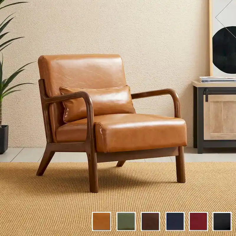 Fauteuil en cuir synthétique de style moderne du milieu du siècle, hauteur 78 cm (coussin décoratif inclus) — 65,4 cm (L) x 85,7 cm (P) x 78 cm (H)