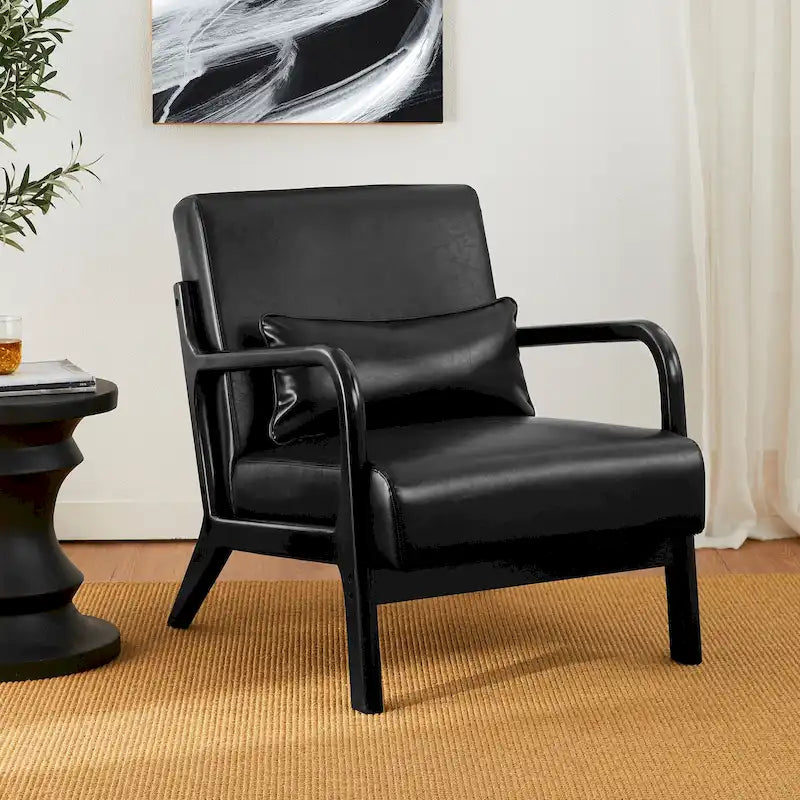 Fauteuil en cuir synthétique de style moderne du milieu du siècle, hauteur 78 cm (coussin décoratif inclus) — 65,4 cm (L) x 85,7 cm (P) x 78 cm (H)