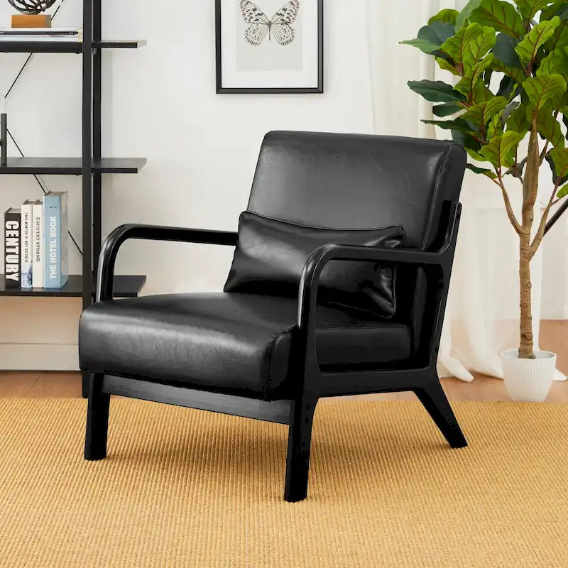 Fauteuil en cuir synthétique de style moderne du milieu du siècle, hauteur 78 cm (coussin décoratif inclus) — 65,4 cm (L) x 85,7 cm (P) x 78 cm (H)