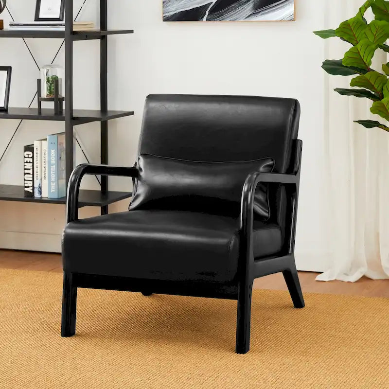 Fauteuil en cuir synthétique de style moderne du milieu du siècle, hauteur 78 cm (coussin décoratif inclus) — 65,4 cm (L) x 85,7 cm (P) x 78 cm (H)
