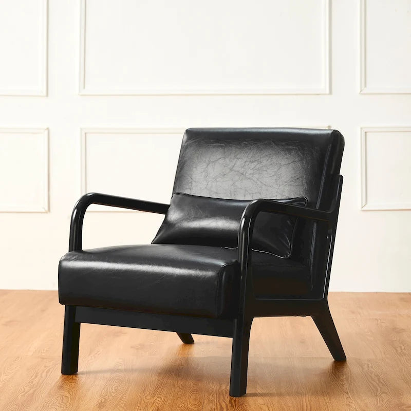 Fauteuil en cuir synthétique de style moderne du milieu du siècle, hauteur 78 cm (coussin décoratif inclus) — 65,4 cm (L) x 85,7 cm (P) x 78 cm (H)