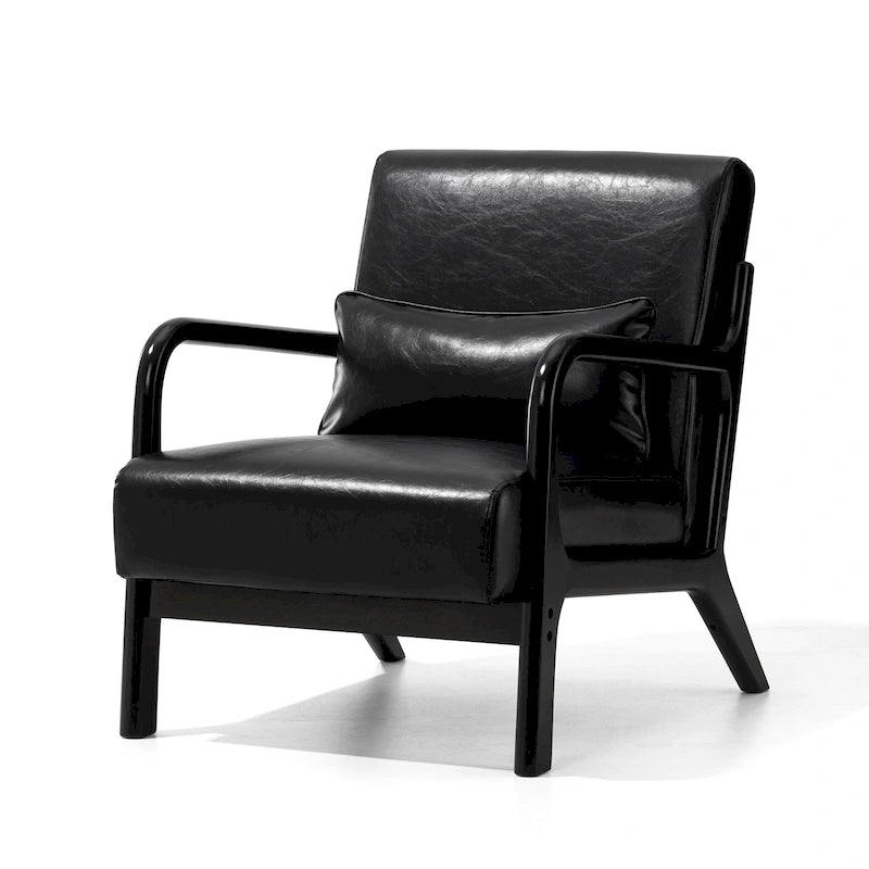 Fauteuil en cuir synthétique de style moderne du milieu du siècle, hauteur 78 cm (coussin décoratif inclus) — 65,4 cm (L) x 85,7 cm (P) x 78 cm (H)