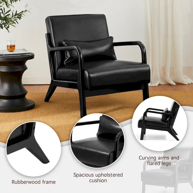 Fauteuil en cuir synthétique de style moderne du milieu du siècle, hauteur 78 cm (coussin décoratif inclus) — 65,4 cm (L) x 85,7 cm (P) x 78 cm (H)