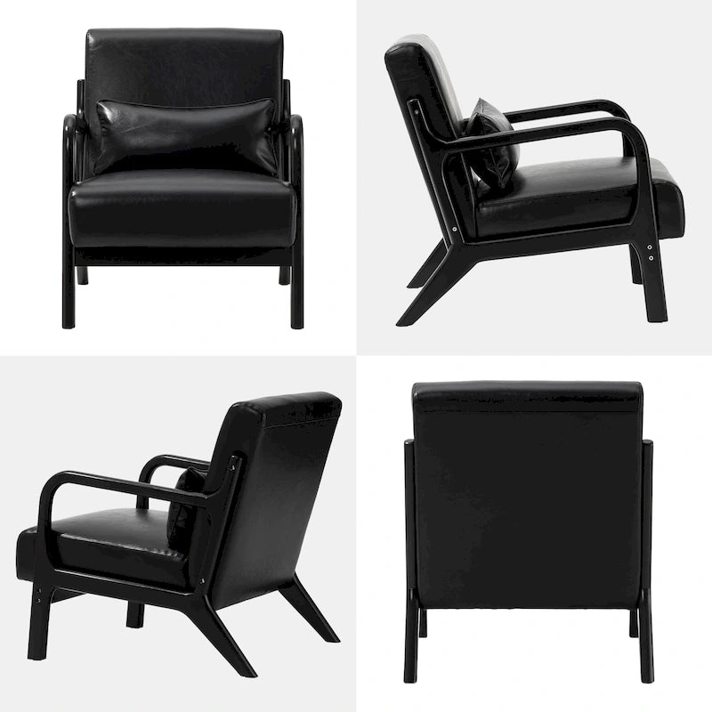 Fauteuil en cuir synthétique de style moderne du milieu du siècle, hauteur 78 cm (coussin décoratif inclus) — 65,4 cm (L) x 85,7 cm (P) x 78 cm (H)