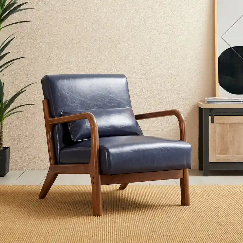 Fauteuil en cuir synthétique de style moderne du milieu du siècle, hauteur 78 cm (coussin décoratif inclus) — 65,4 cm (L) x 85,7 cm (P) x 78 cm (H)