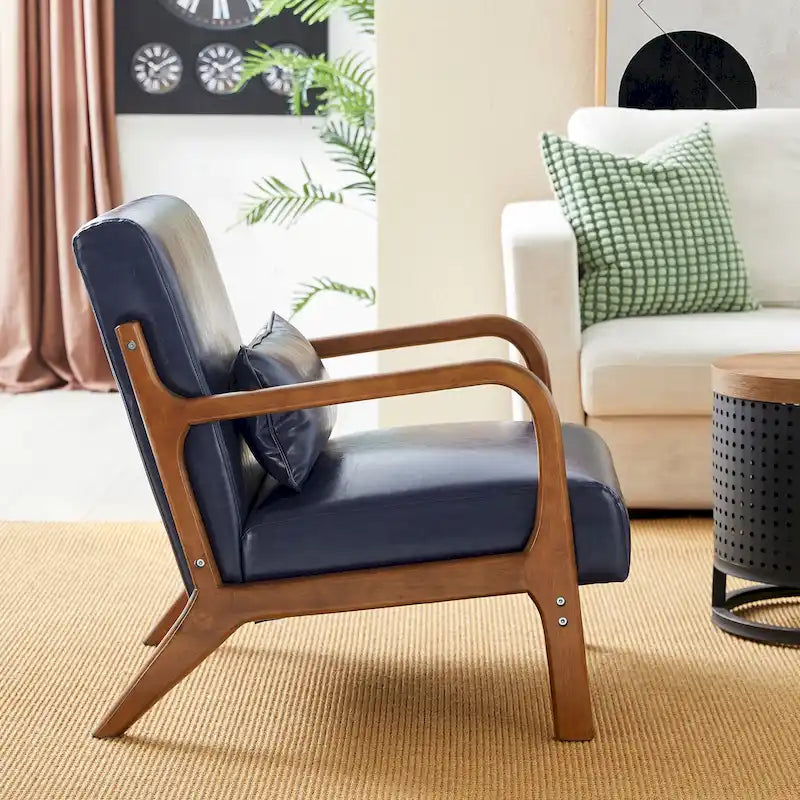 Fauteuil en cuir synthétique de style moderne du milieu du siècle, hauteur 78 cm (coussin décoratif inclus) — 65,4 cm (L) x 85,7 cm (P) x 78 cm (H)