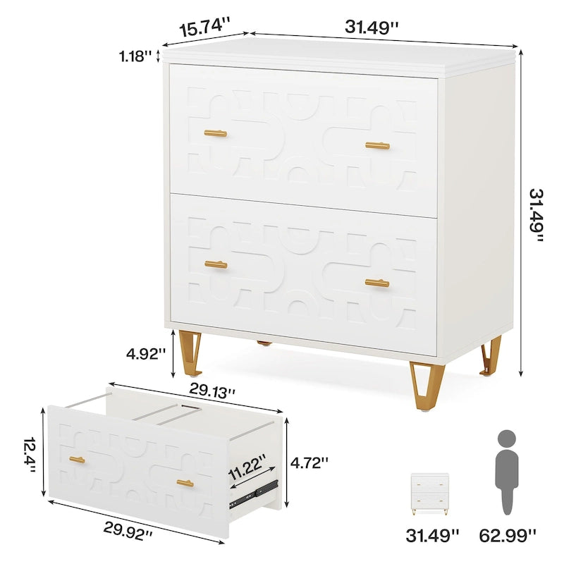 Classeur moderne blanc à 2 tiroirs, classeur latéral de bureau pour documents légaux/lettre/A4